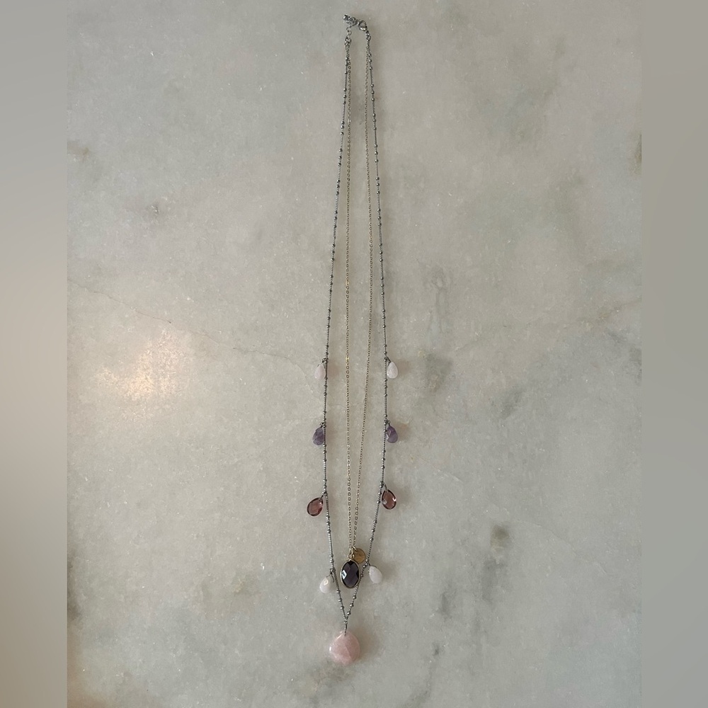 Layered Multi Strand Necklace with Rose Quartz & Purple Stone Pendant